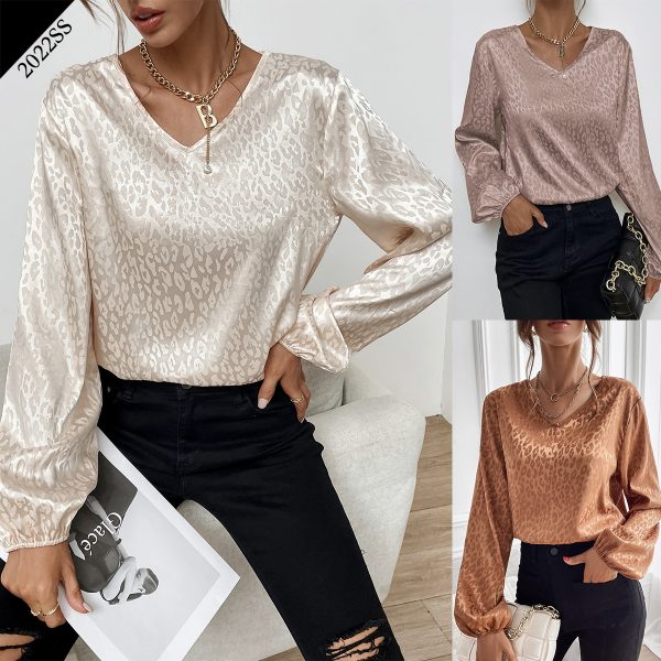 Spring V-neck Pullover Leopard-Print Shirt Women Artificial Silk Jacquard Long-Sleeved Shirt