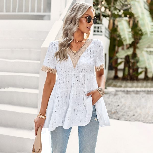 Summer V Neck Hollow Out Cutout Jacquard Short Sleeve Top