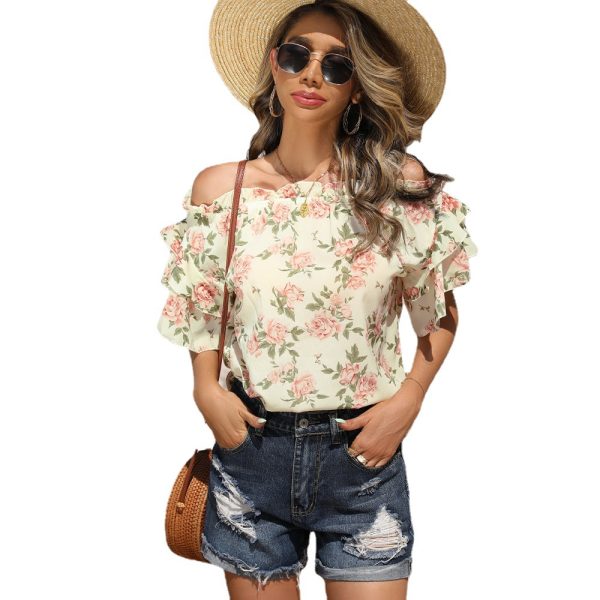 Summer -Selling Arrival off-Shoulder Printed Pleated off-Shoulder Women Top T-shirt