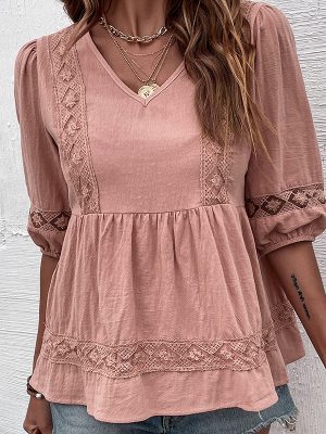 Summer Casual Women Wear Pink Cotton Linen Shirt Women