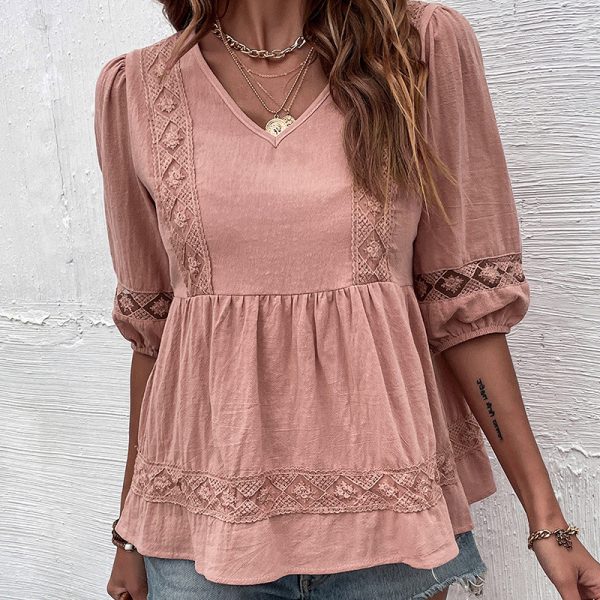 Summer Casual Women Wear Pink Cotton Linen Shirt Women