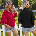 Summer Solid Color Solid Color Ruffles Short Sleeve Ruffled Collar Shirt for Women