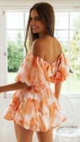 Women Clothing Summer off-Shoulder Lantern Sleeve Short Irregular Asymmetric Hem Dress Abstract Floral