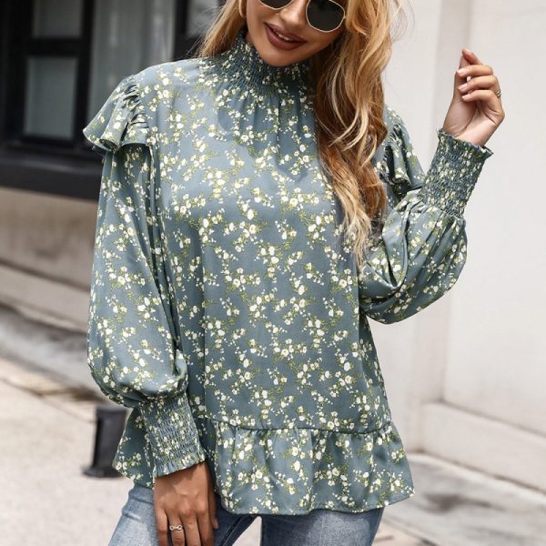 Loose Floral Stand Collar Ruffle Long-Sleeved Shirt Printed Pullover Shirt Top for Women