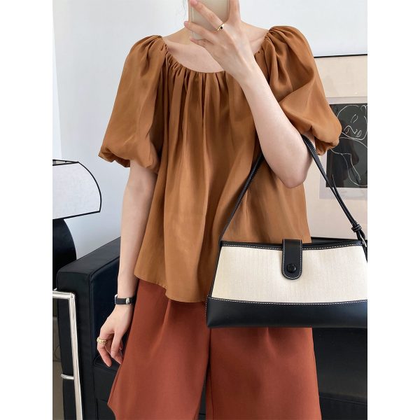 Summer Korean Tencel Puff Sleeve off-the-Shoulder Chiffon Shirt Women High-Grade Thin Doll Shirt Small Shirt