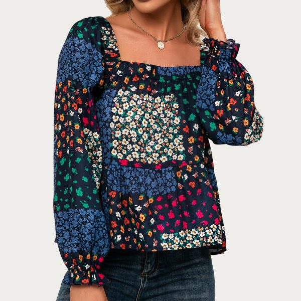 Square Collar Ruffle Sleeve Printed Shirt Floral Long Sleeved Casual Shirt Top Women