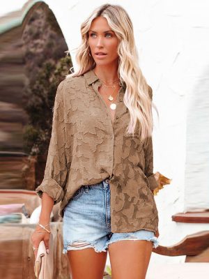 Lace Tulle Long-Sleeved Shirt Women Loose Casual Chiffon Shirt