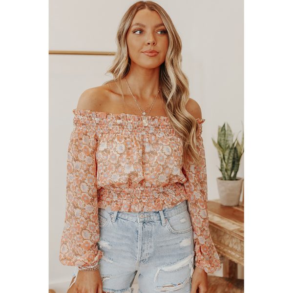 Sexy off-Shoulder off-Shoulder Long-Sleeved Top Women Spring Autumn Waist-Tight Floral T-shirt