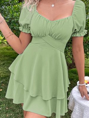 Women Slim Fit Lace up Puff Sleeve Flounced Dress Avocado Green Dress