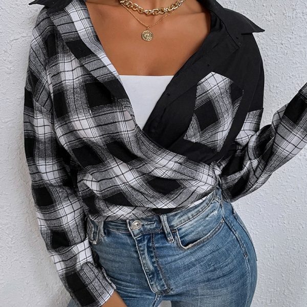 Autumn Winter Black White Plaid Single-Breasted Long Sleeve Shirt Women Collared