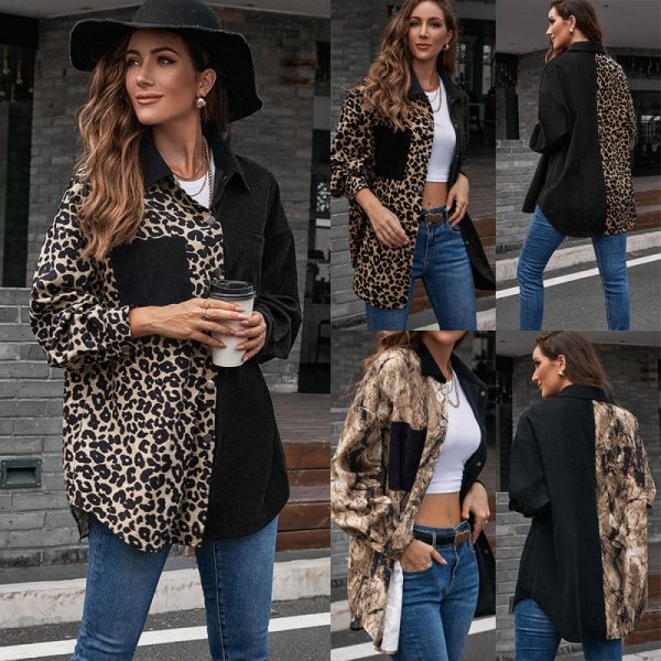 Casual Loose Leopard Print Long Sleeve Color Matching Single-Breasted Mid-Length Shirt plus Size Women Shirt Top for Women