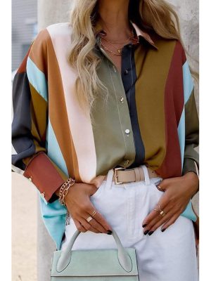 Multi Color Stripe Color Block Long Sleeved Shirt Women Collared Single Breasted Shirt