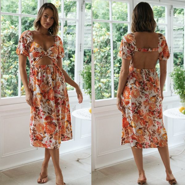 Women Clothing Spring Summer Elegant Sexy V-neck Short Sleeve Backless Print Dress for Women Floral Burst