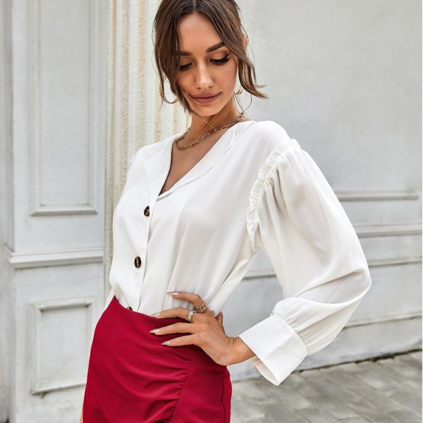 High Grade Elegant Shirt Spring Autumn V neck Long Sleeve White Shirt Women