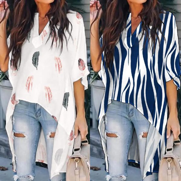 Summer Women Clothing Printed V-neck Batwing Sleeve Casual Irregular Asymmetric Shirt