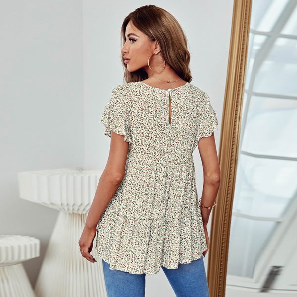 Summer Elegant Elegant round Neck Ruffle Sleeve A Line Printed Babydoll Top