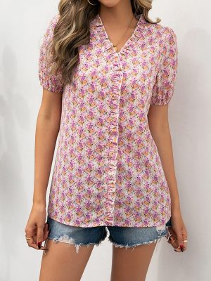 Small Floral Wooden Ear V Neck Short Sleeve Shirt  Puff Sleeve Printed Shirt Top Women