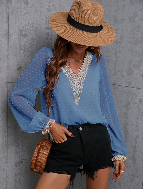 Women Clothing Autumn Chiffon Solid Color Stitching Lace Long Sleeve Shirt Office Top