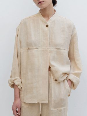 Pure Linen Shirt Fall Women  Clothing Artistic Retro Stand Collar Niche Cotton Linen Long Sleeve Shirt