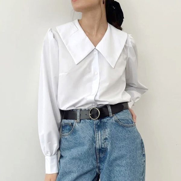 Summer French Office Sailor Collar Casual Long Sleeves Shirt Classic Niche White