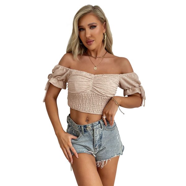 Summer off-Shoulder Solid Color Shirt Pleated Casual off-Shoulder Top