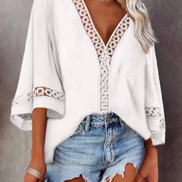 V-neck Hollow Out Cutout Lace Loose Shirt Women Clothing