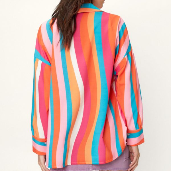 Autumn Urban Casual Office Rainbow Color Striped Long Loose Shirt