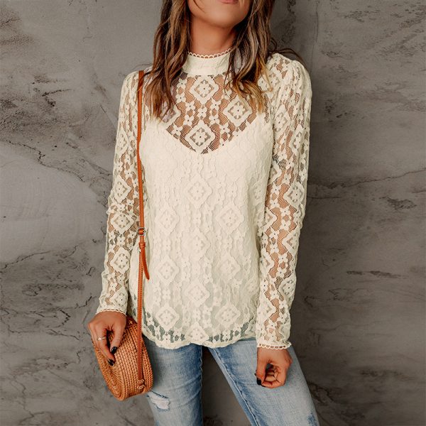 Lace Long Sleeved Top Women Summer Hollow Out Thin Faux Two Layer T shirt