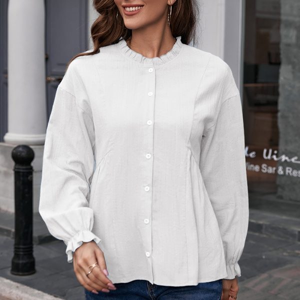 Office Slim Fit Ruffled Long Sleeve Stringy Selvedge Stand-up Collar Single-Breasted Shirt Pure Cotton Shirt Top for Women