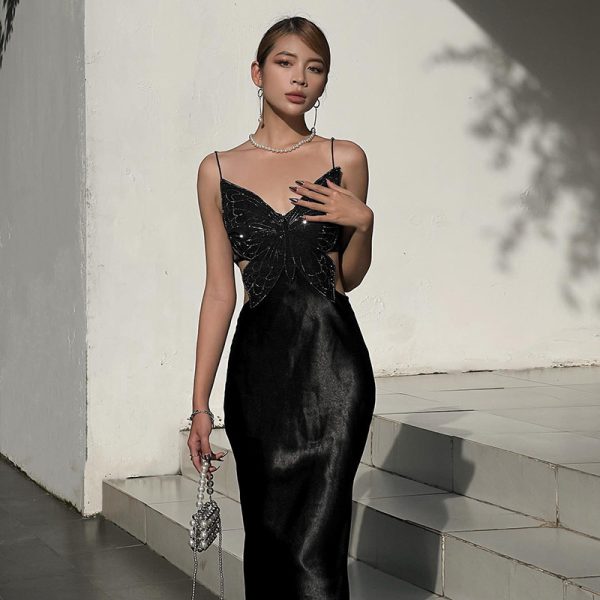 French Bow Suspenders Hollow Out Cutout Dress Slim Fit Sexy Black Formal Dress