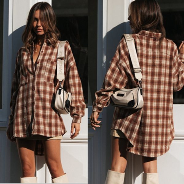 Autumn Street Graceful Long Sleeve Collared Loose Women Plaid Shirt Mid-Length