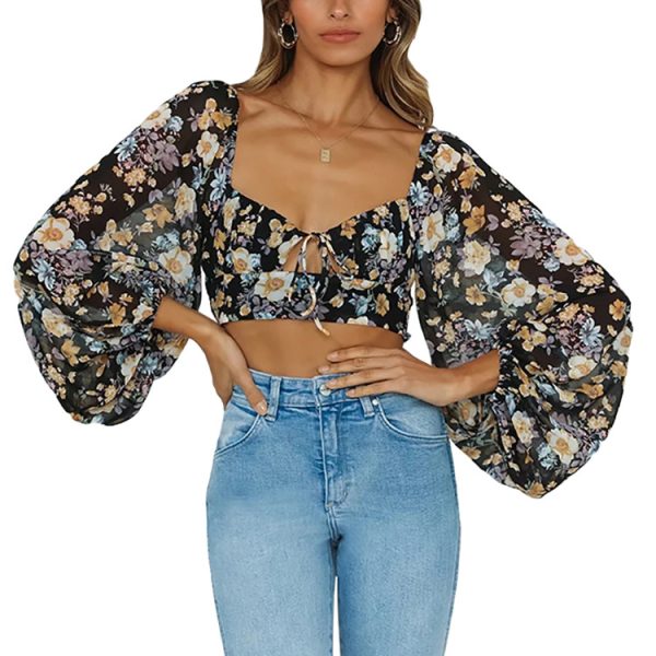 Spring Summer Pullover Square Collar Printed Sexy cropped Women Long-Sleeve Shirt