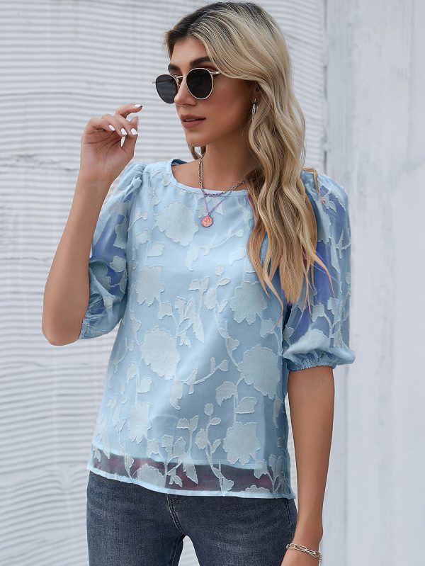 Summer Women Chiffon Floral Pullover round Neck Shirt with Half Sleeve Office Chiffon Shirt