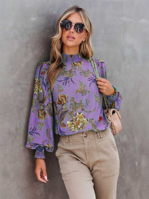 Fall Floral Print Long Sleeve Turtleneck Loose Casual Shirt Women