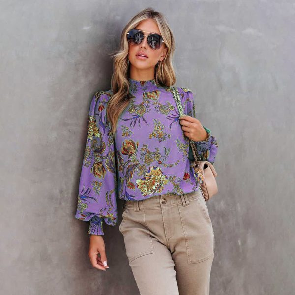 Fall Floral Print Long Sleeve Turtleneck Loose Casual Shirt Women