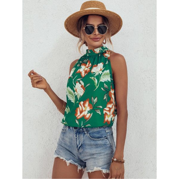 Casual Women Shirt Floral Print Sleeveless Stand Up Collar Tie Shirt