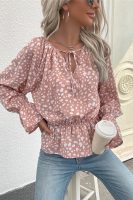 Autumn Women Clothing Classic Printing Lace up V neck Long Sleeve Top