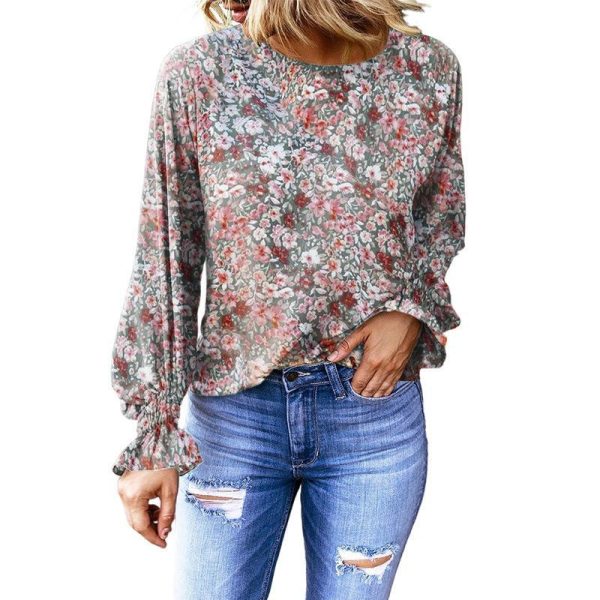 Autumn Women Clothing Floral round Neck Shirt Women Bishop Sleeves Top