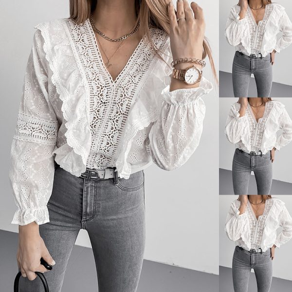 Women Clothing Spring Summer V-neck Lace Long Sleeve Tops Shirt Lace Hollow Out Cutout Eyelet Embroidery