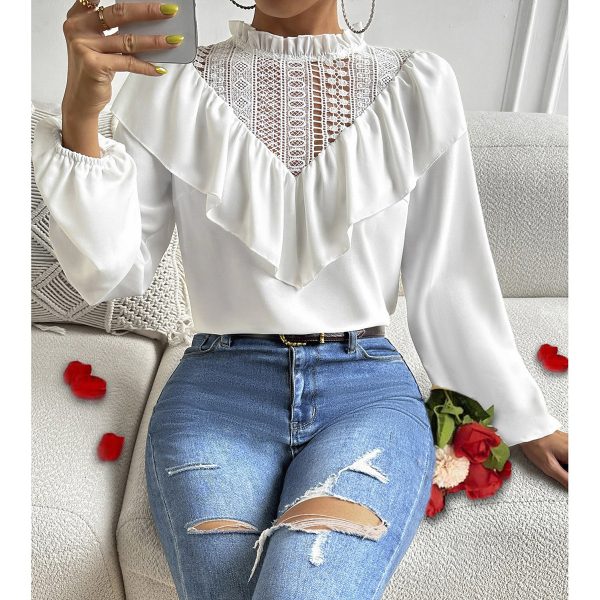 Spring Summer Lace Stitching Lotus Leaf Collar Solid Color Elegant Long Sleeve Top
