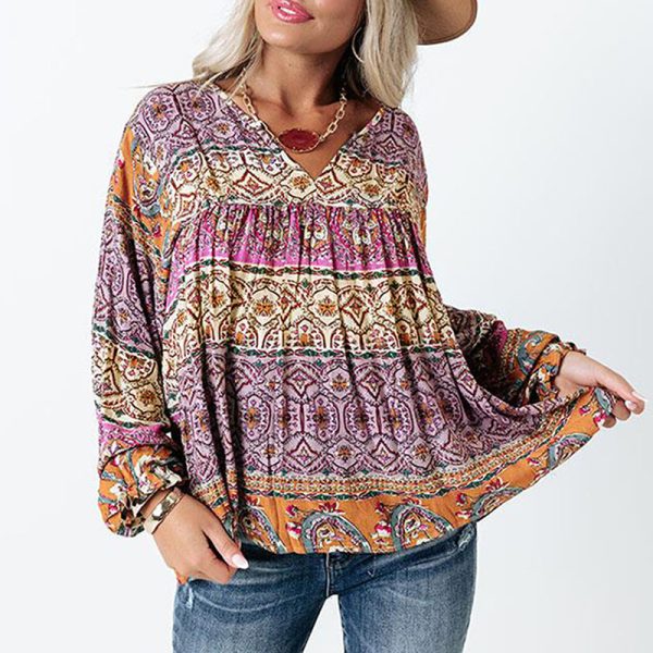 Bohemian Long Sleeved Top Women Autumn Loose V neck Pullover