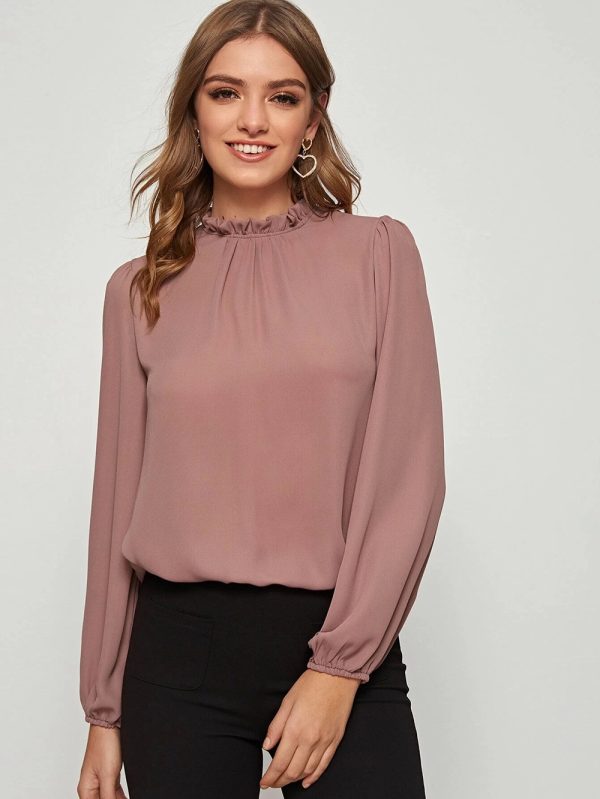 Autumn Ruffled Chiffon Office Lantern Sleeve Solid Color Stand Collar Shirt for Women