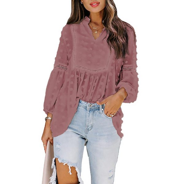 Autumn Solid Color V-neck Jacquard Fur Ball Lantern Long Sleeve Loose Shirt Women textured