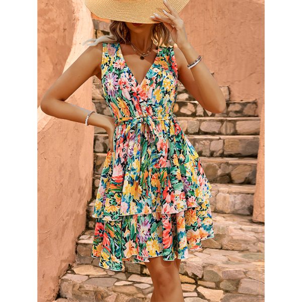 Popular Color V neck Lace up Short Sleeveless Dress