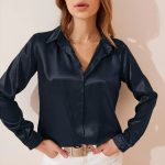 Women Clothing Spring Summer Top Satin Office Solid Color Dark Placket Long Sleeve Shirt  Women