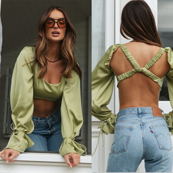 Women  Clothing Sexy Short Top Bell Sleeve Backless Shirt