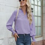 Women Jacquard Fur Ball V neck Long Sleeve Shirt Casual Top