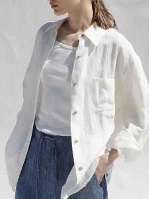 Early Autumn French Niche Design Pure Linen Shirt Simple Niche Idle Loose Lapels Coat for Women