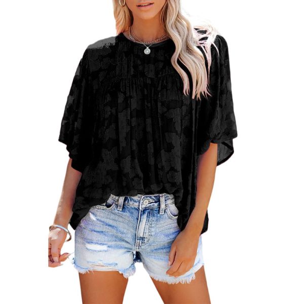 Summer Half Sleeve Lace Shirt Ladies Loose round Neck Pullover