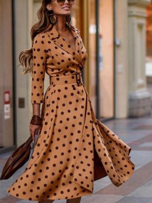 Women  Fashionable Polka Dot Print Suit Collar Large Swing Dress